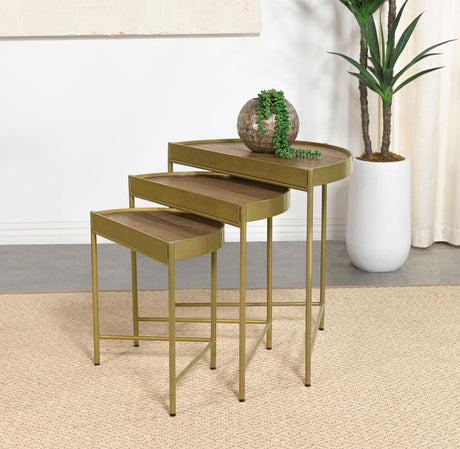 Tristen 3-Piece Demilune Nesting Table Set – Brown and Gold Half-Moon Mango Wood Tables with Chic Gold Iron Frames for Living Room or Entryway