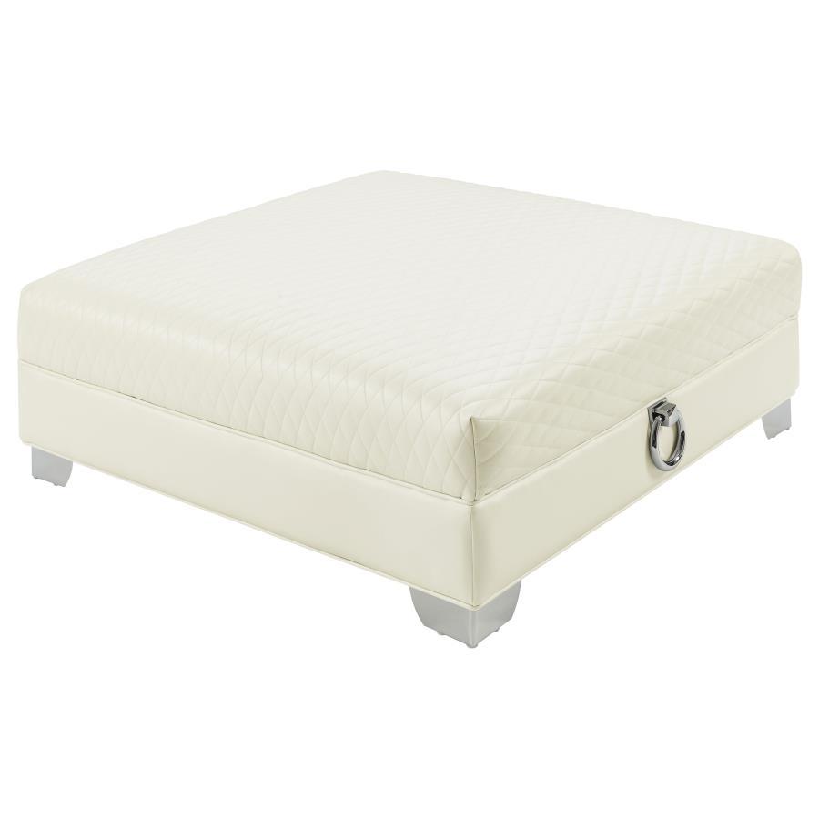 Chaviano Square Upholstered Ottoman in Pearl White – Quilted Leatherette, Chrome Legs & Handles, Low-Profile Accent Ottoman for Living Room