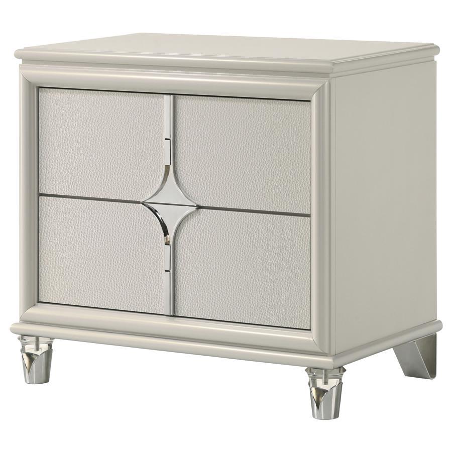 Olivia 2-Drawer Nightstand Bedside Table with Pearl White Finish, Diamond Star Drawer Design, Chrome Pulls, Acrylic Legs, Cord Management Access