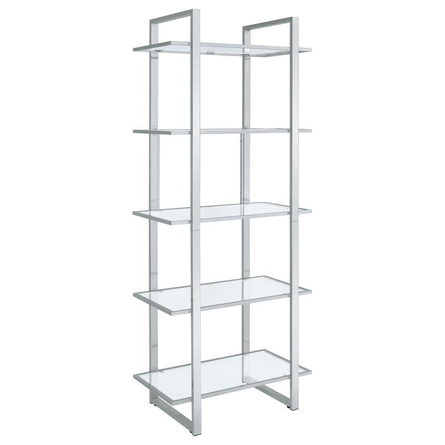 Hartford 5-Shelf Glass Bookshelf in Chrome – Modern Contemporary Metal & Tempered Glass Storage for Photos, Décor, Keepsakes, and Office Organization
