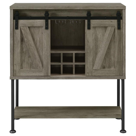 Claremont Sliding Door Home Bar Wine Cabinet – Gray Driftwood Finish with Stemware Rack, Adjustable Shelves, Wine Storage, and Rustic Farmhouse Charm