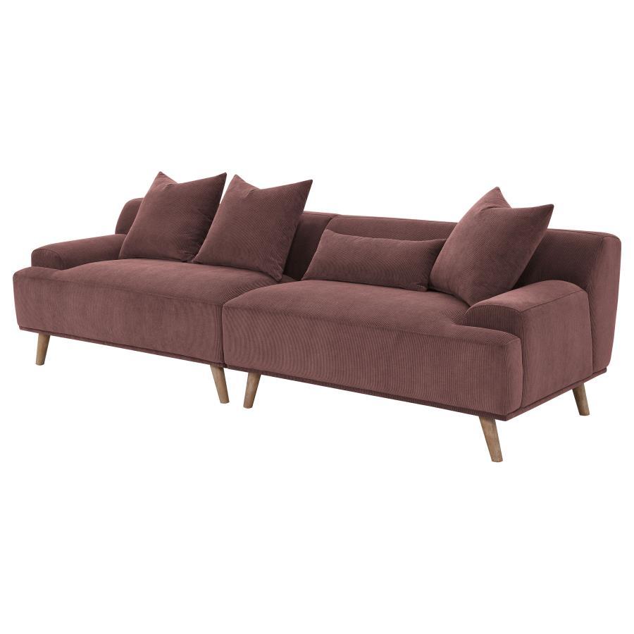 Elizabeth Corduroy Upholstered Extra Long Sofa – Wine Red, Mid-Century Modern Low-Profile Sectional, Includes Foam Cushions and Accent Pillows