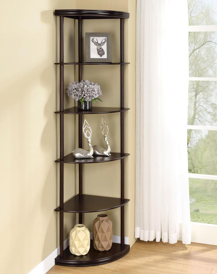 Bonwick – 5-Shelf Corner Bookshelf with Space-Saving Compact Design, Rubberwood Frame, and Elegant Cappuccino Finish for Home or Office