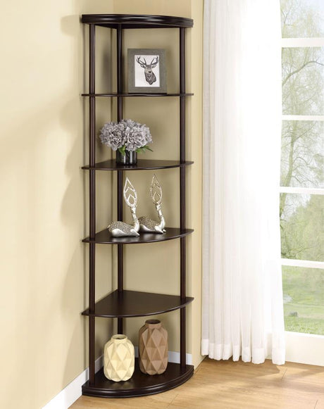 Bonwick – 5-Shelf Corner Bookshelf with Space-Saving Compact Design, Rubberwood Frame, and Elegant Cappuccino Finish for Home or Office