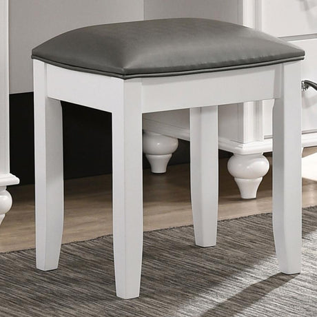 Barzini Upholstered Vanity Stool in Metallic Grey and White, Padded Faux Leather Seat, Turned Legs, Rubberwood Frame for Bedroom, Vanity, or Dressing Area