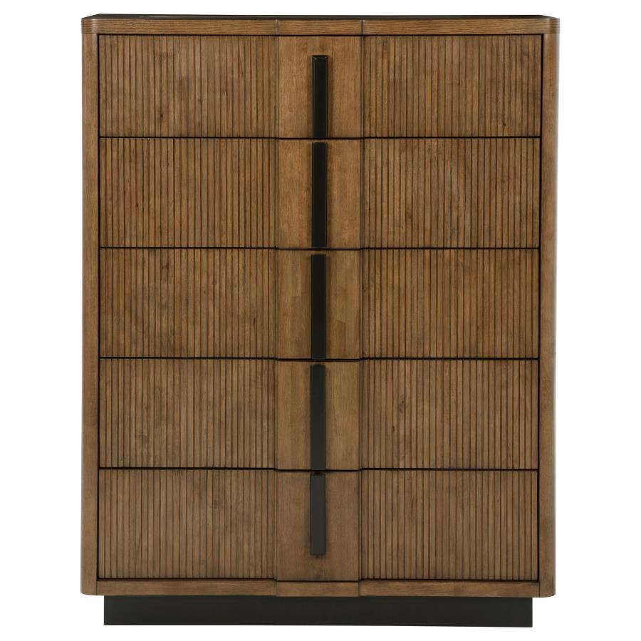 Terrace 5-Drawer Chest of Drawers – Ash Brown Finish, Vertical Fluted Fronts, Metal Glides, and Durable Dovetail Construction
