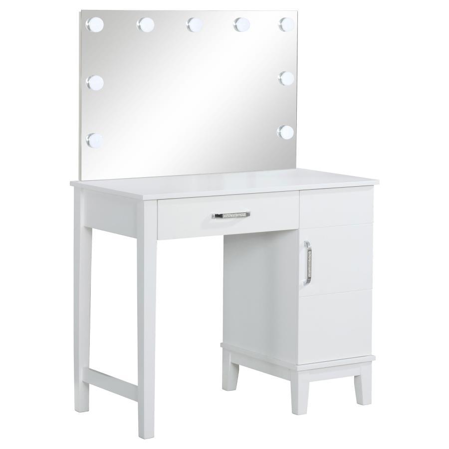 Elijah Vanity Set With Lighting & Stool - White and Dark Gray, Hollywood Glam Makeup Table, LED Mirror Lights, Bedroom or Dressing Room Vanity