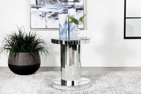 Dorielle Round Mirrored Acrylic Crystal Side Table – Silver Glam Accent Pedestal Table for Living Room, Bedroom, or Luxe Contemporary Spaces