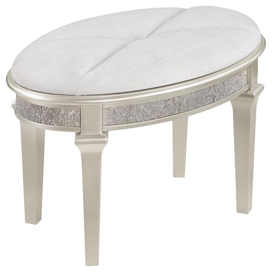 Evangeline Upholstered Oval Vanity Stool in Silver Oak and Ivory – Glam Chenille Seat with Glitter Trim, Tapered Legs & Elegant Backless Design
