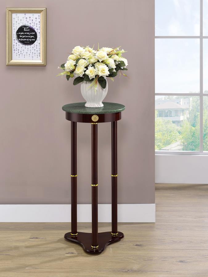 Edite Round Marble Top Accent Side Table – Merlot Finish, Solid Rubberwood Base with Gold Accents, Elegant Plant Stand and Decorative Side Table