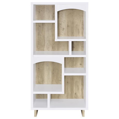 Dalton 6-Shelf Bookcase – White and Distressed Pine Asymmetric Decorative Bookshelf with Open Shelving, Arched Accents, and Stylish Storage for Home or Office