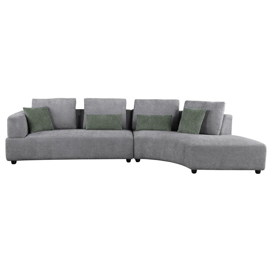 Toscano Upholstered Sectional Sofa – Modern Curved Design, Gray Fabric, Forest Green Accent Pillows, Compact Feet, Stylish Contemporary Living Room
