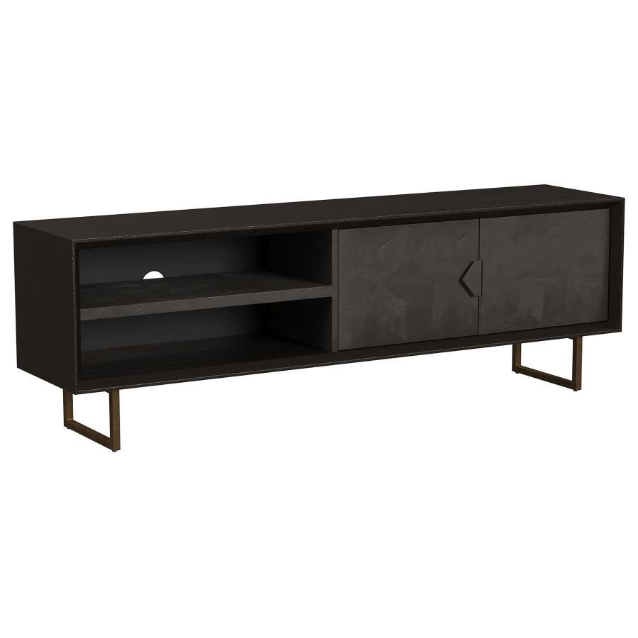 Marsden 2 Door Mango Wood TV Stand in Charcoal Black with Iron Hardware, Rustic Fixed Shelves, and Wire Management Hole for Modern Living Rooms