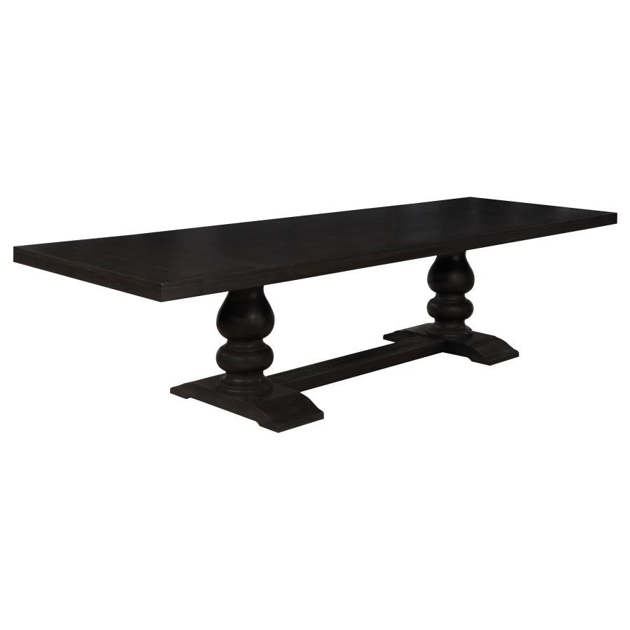 Phelps Extension Leaf Dining Table - Distressed Noir Finish, Formal Trestle-Style Base, Polished Antique Wood, Extra-Long Elegant Dining Table