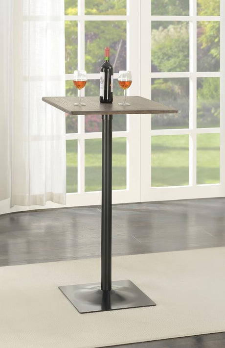 Cavalier Square Pub Height Bistro Bar Table – Dark Elm Bamboo Top, Industrial Black Metal Base, Modern Pedestal Design, Seating for Up to Four
