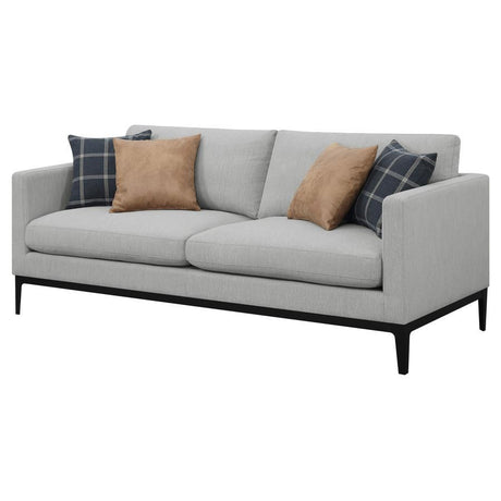 Apperson Light Gray Upholstered Track Arm Sofa with Plush Cushions, Accent Pillows, Transitional Modern Living Room Seating, Stylish Durable Couch