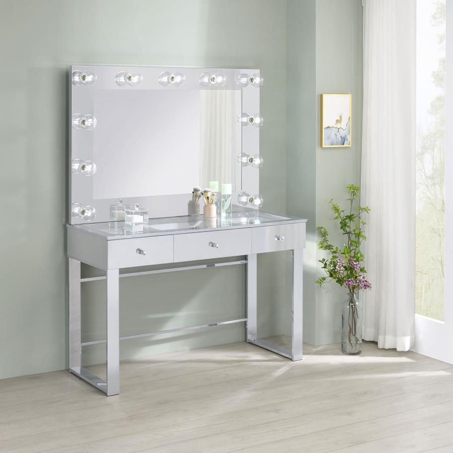 Umbridge 3-Drawer Vanity Set With Lighting – Chrome Frame & White Finish Makeup Table with Mirror, LED Lights, and Storage Drawers for Bedroom