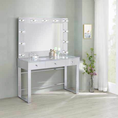 Umbridge 3-Drawer Vanity Set With Lighting – Chrome Frame & White Finish Makeup Table with Mirror, LED Lights, and Storage Drawers for Bedroom