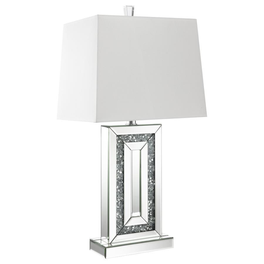 Ayelet Tapered Shade Mirrored Table Lamp in Silver – Crystal Accent Base with Beveled Mirror Panels and White Fabric Shade for Glamorous Modern Lighting