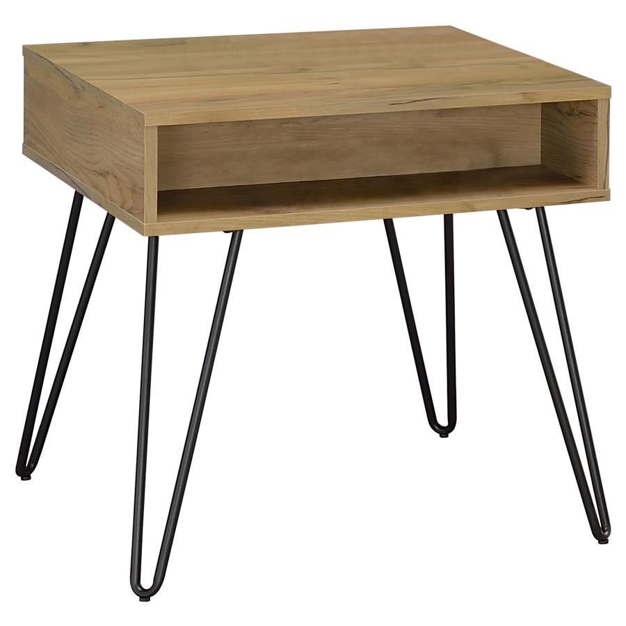 Fanning Engineered Wood Side End Table – Golden Oak with Black Hairpin Legs, Open Shelf for Storage, Mid-Century Modern Accent Piece