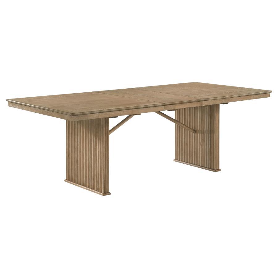 Adina Extension Dining Table – Distressed Light Brown Oak Veneer with Vertical Reeding Base, 71.75" Rectangular Table with Leaf for Versatile Seating
