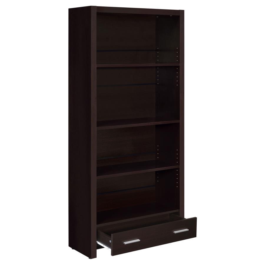 Skylar 5-Shelf Bookcase with Drawer in Cappuccino Finish, Engineered Wood Construction, Adjustable Shelves, Office and Living Room Storage Organizer