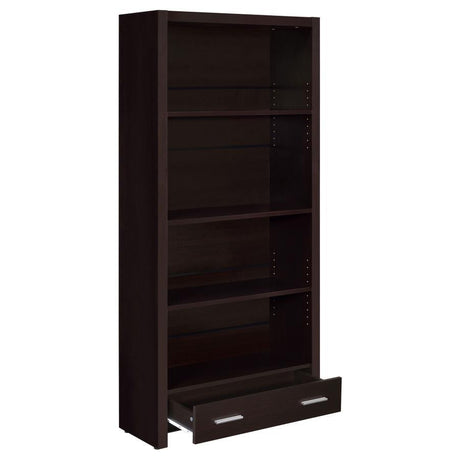 Skylar 5-Shelf Bookcase with Drawer in Cappuccino Finish, Engineered Wood Construction, Adjustable Shelves, Office and Living Room Storage Organizer