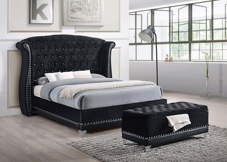 Barzini Velvet Upholstered Tufted Storage Bench – Black, Button-Tufted Top, Silvery Nailhead Trim, Metallic Legs, Stylish Modern Storage Trunk