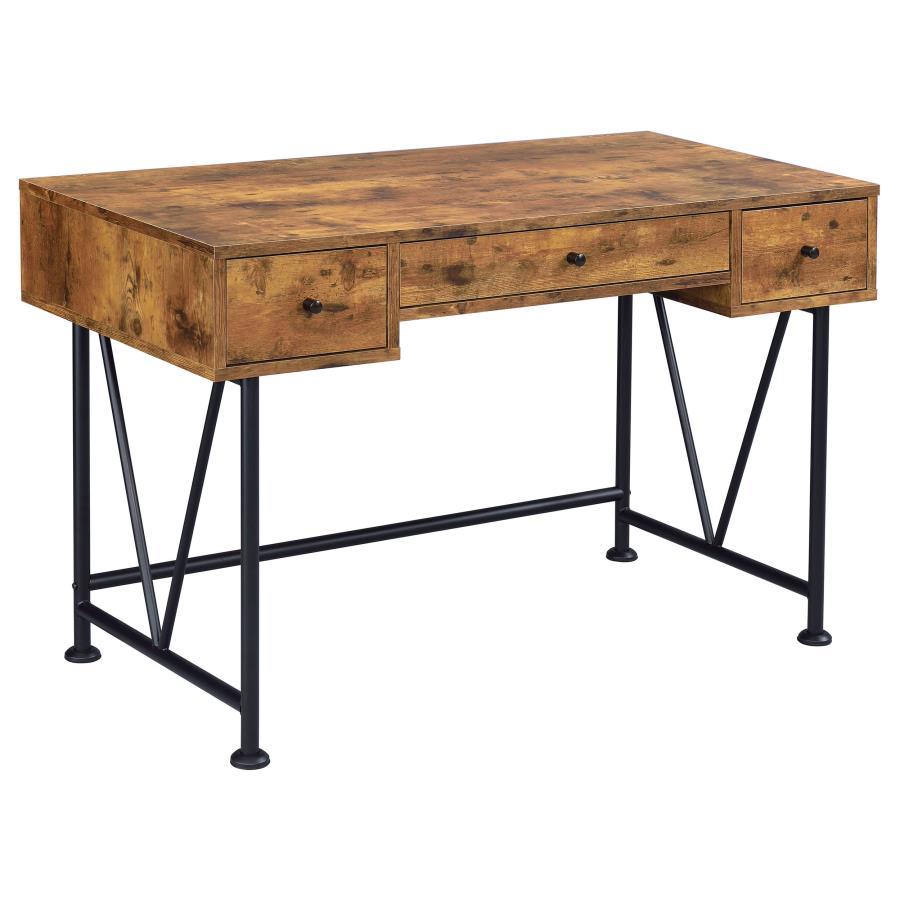 Analiese 2-Piece Computer Desk and Bookcase Set – Rustic Nutmeg Finish with Black Metal Frame, 3-Drawer Desk and 4-Shelf Bookshelf for Home Office
