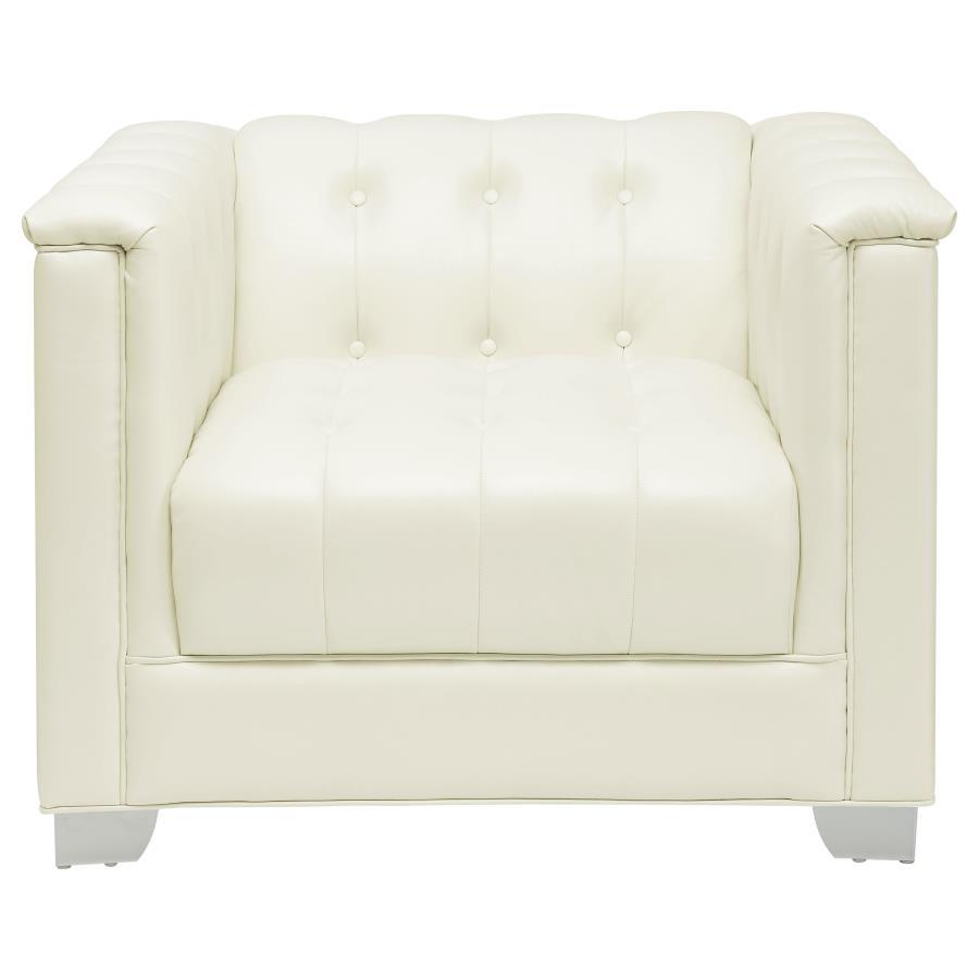 Chaviano Upholstered Track Arm Accent Chair in Pearl White – Modern Tuxedo Silhouette with Deep Button Tufting, Chrome Legs & Decorative Doorknockers