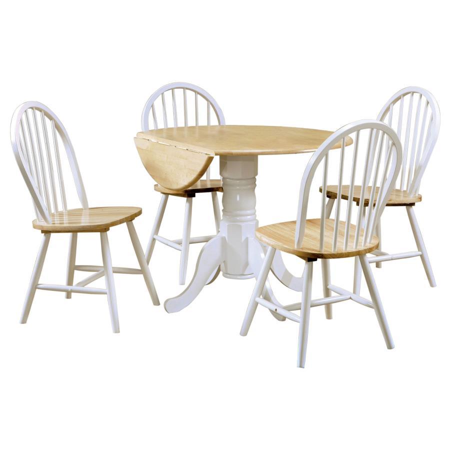 Allison 5-Piece Round Drop Leaf Dining Table Set – White and Natural Brown Finish, Pedestal Base, 4 Spindle Back Chairs, Space-Saving Modern Farmhouse