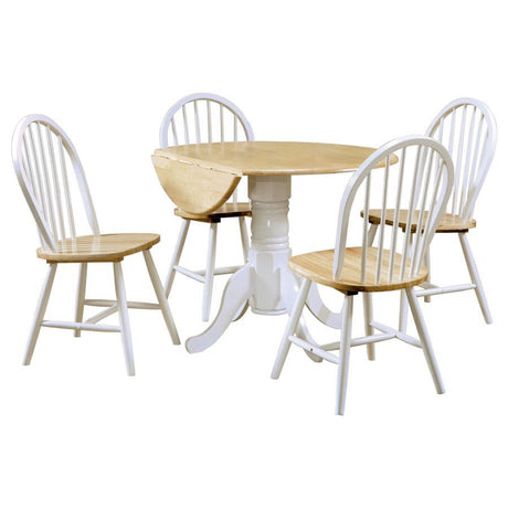 Allison 5-Piece Round Drop Leaf Dining Table Set – White and Natural Brown Finish, Pedestal Base, 4 Spindle Back Chairs, Space-Saving Modern Farmhouse