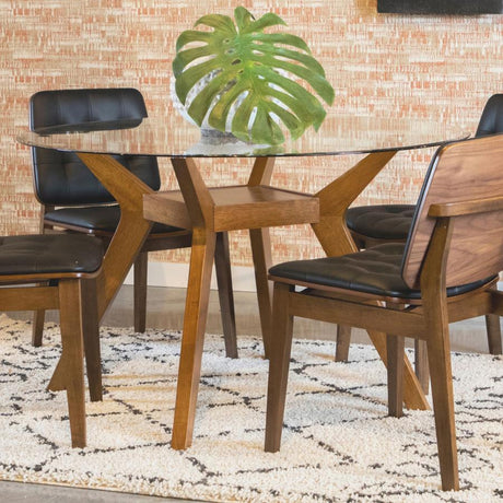 Paxton Round Glass Top Wood Dining Table - Nutmeg Finish, Contemporary Geometric Design, Tempered Glass Surface, Square Shelf Base, Modern Sturdy Table