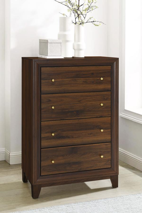 Welsley 4-Drawer Chest of Drawers – Walnut Finish with Gold Knobs, Scratch-Resistant Engineered Wood, Modern Bedroom Storage Solution