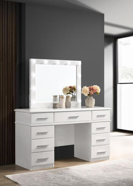 Felicity Upholstered Vanity Stool – Glossy White Finish with Metallic Accents, Cushioned Faux Leather Seat, Tapered Legs for Stability and Style