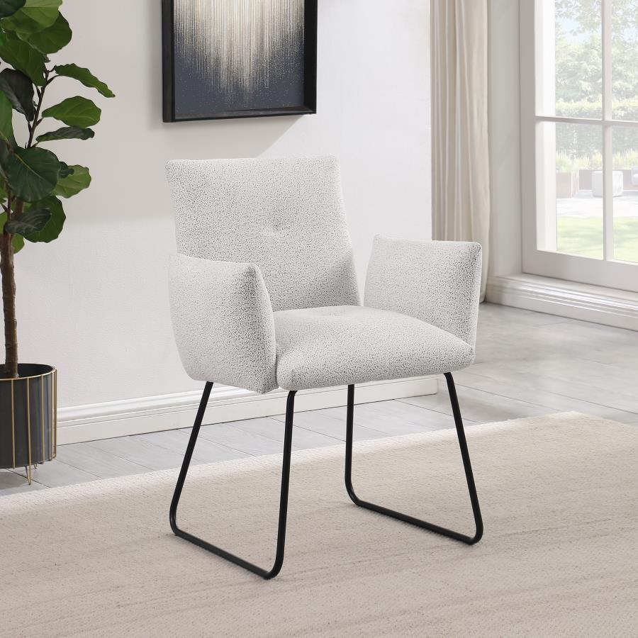 Ackland Upholstered Dining Side Chair Set of 2 – Light Gray Fabric, Powder-Coated Black Metal Sled Base, Modern Minimalist Dining Seating