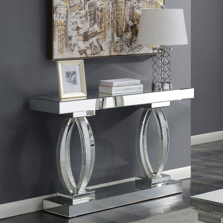Amalia Mirrored Acrylic Entryway Sofa Console Table – Silver Finish with Crystal Accents, Modern Glam Design, Ideal for Hallways & Living Rooms