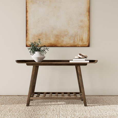 Ornelas Console Table in Solid Mango Wood with Tray-Style Top and Slatted Lower Shelf, Natural Mango Brown Finish for Entryway or Living Room