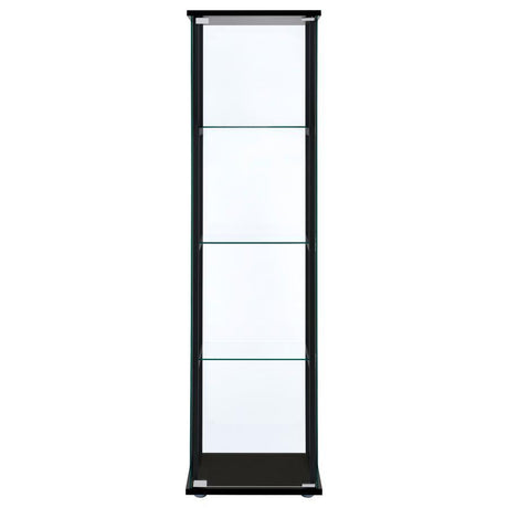 Cyclamen 4-Shelf Clear Glass Curio Display Cabinet – Black Tempered Glass Shelves, Push-to-Open Doors, Modern Compact Display Cabinet