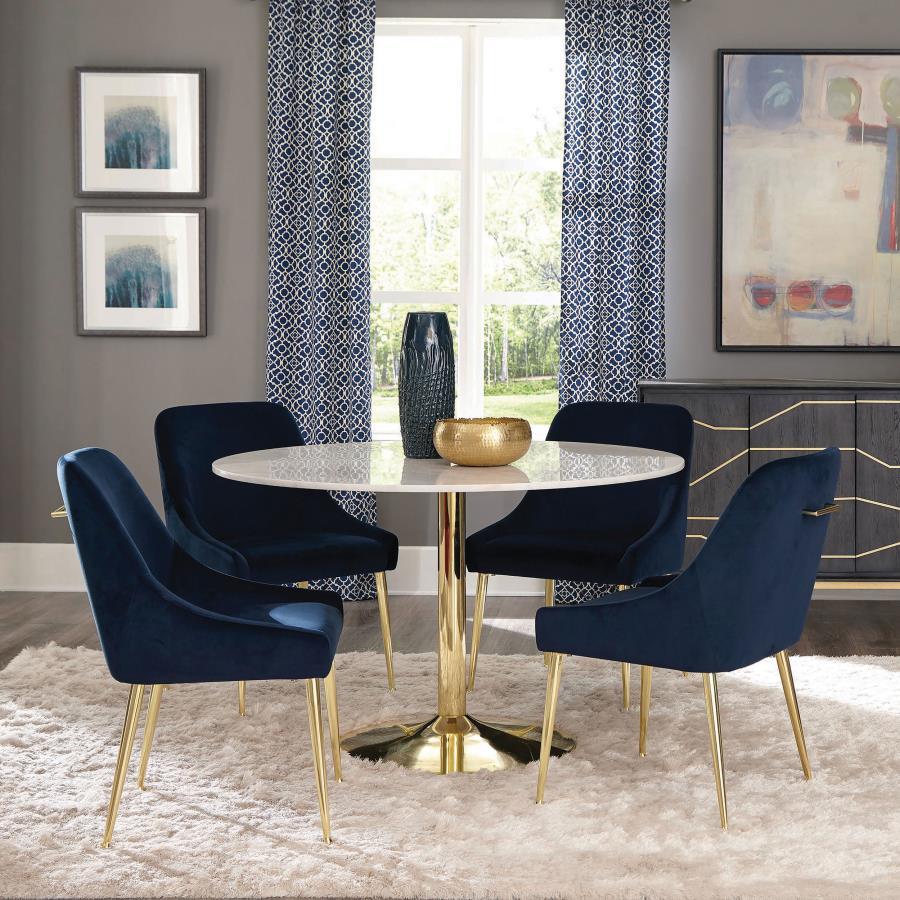 Kella 5-Piece Round Marble Dining Set – White Marble Top with Brass Base, Blue Mid-Century Modern Chairs with Gold Legs, Plush Cushions