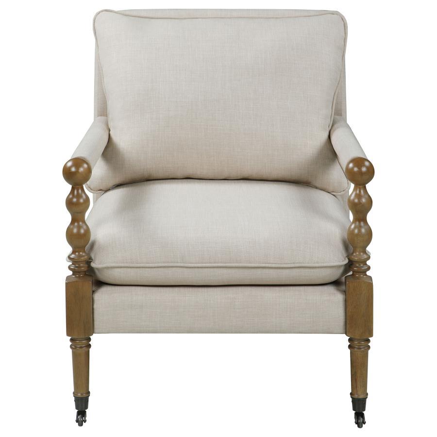 Dempsy - Upholstered Accent Chair with Casters in Beige | Linen-Like Fabric Accent Seating with Plush Cushions and Dark Oak Wood Frame
