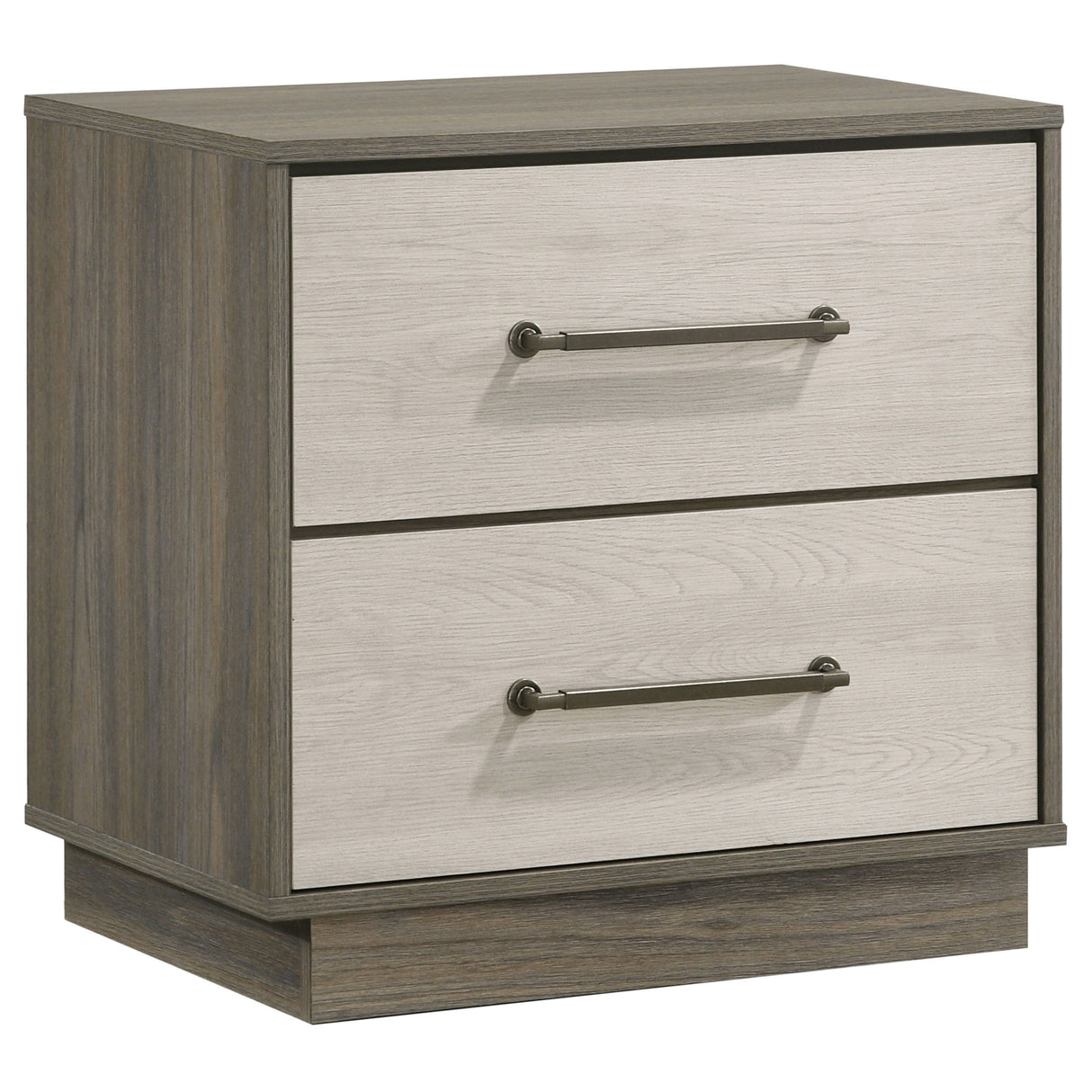 Fenwick 2-Drawer Nightstand Bedside Table in Gray Oak with Two-Tone Finish, Floating Base Design, Metal Extension Glides, and Antique Nickel Handles