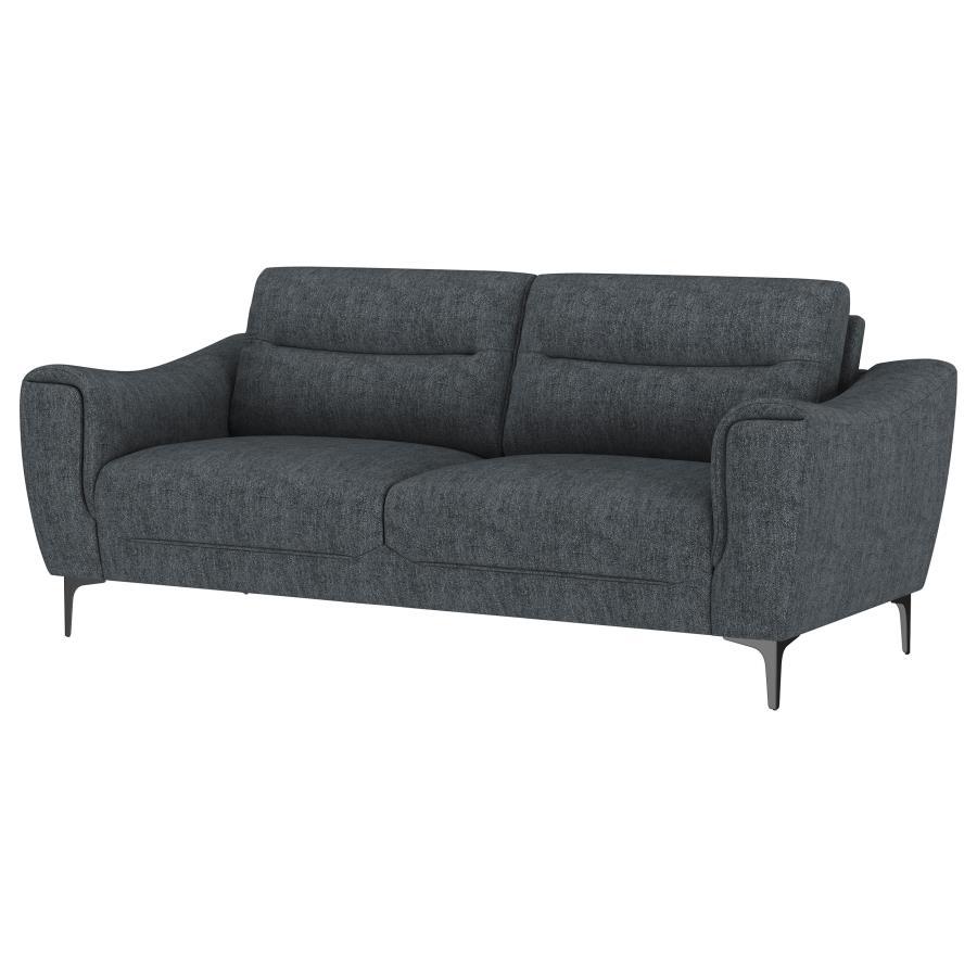 Nolan Upholstered Sloped Track Arm Sofa – Transitional Charcoal Fabric Couch with Plush Pocket Coil Cushions, Attached Seating & Sleek Metal Legs