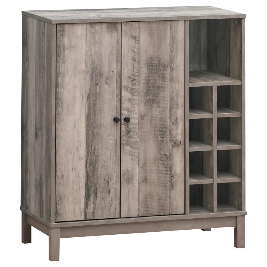 Cheyenne 2-Door Home Bar Wine Cabinet – Weathered Acacia Finish with Stemware Racks, Bottle Storage, Shelves, and Modern Farmhouse Style