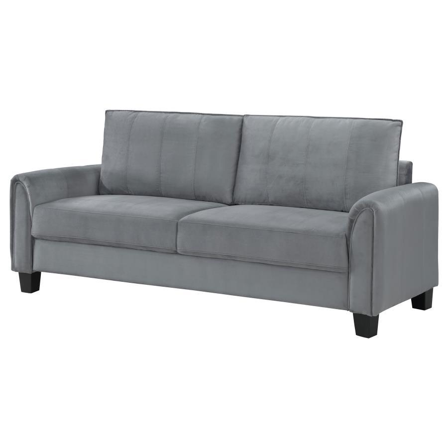 Davis Upholstered Rolled Arm Sofa – Gray Velvet-Like Fabric, Reversible Back Cushions, Pleated Arms, Block Feet, Modern Living Room Sofa