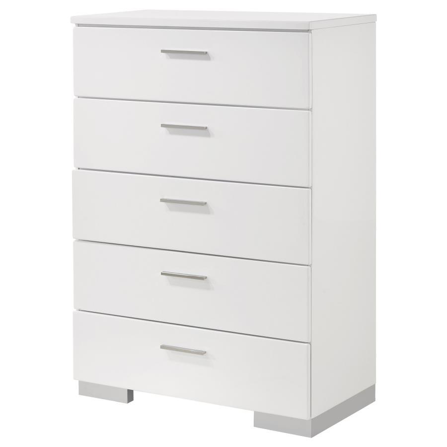 Felicity 5-Drawer Bedroom Chest – White High Gloss Modern Storage Dresser with Chrome Handles & Feet, Smooth-Glide Drawers, Sturdy Wooden Construction