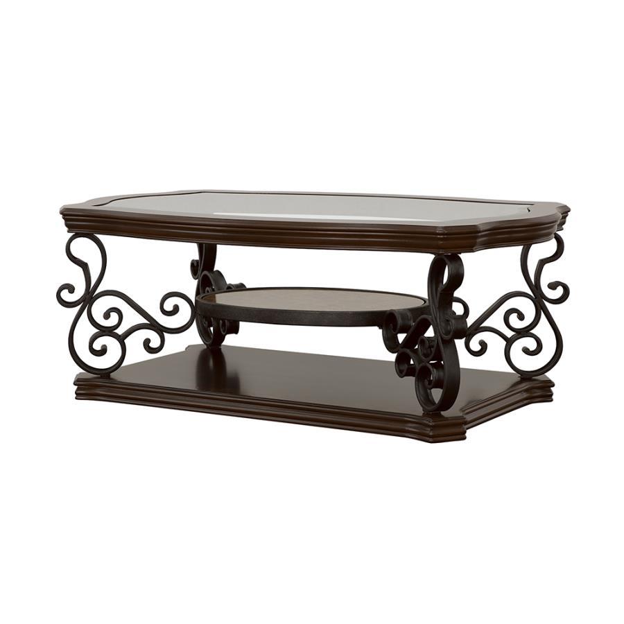 Laney 1-Shelf Glass Top Rectangular Coffee Table - Deep Merlot Wood Finish, Tempered Glass, Metal Scrollwork & Lower Display Shelf
