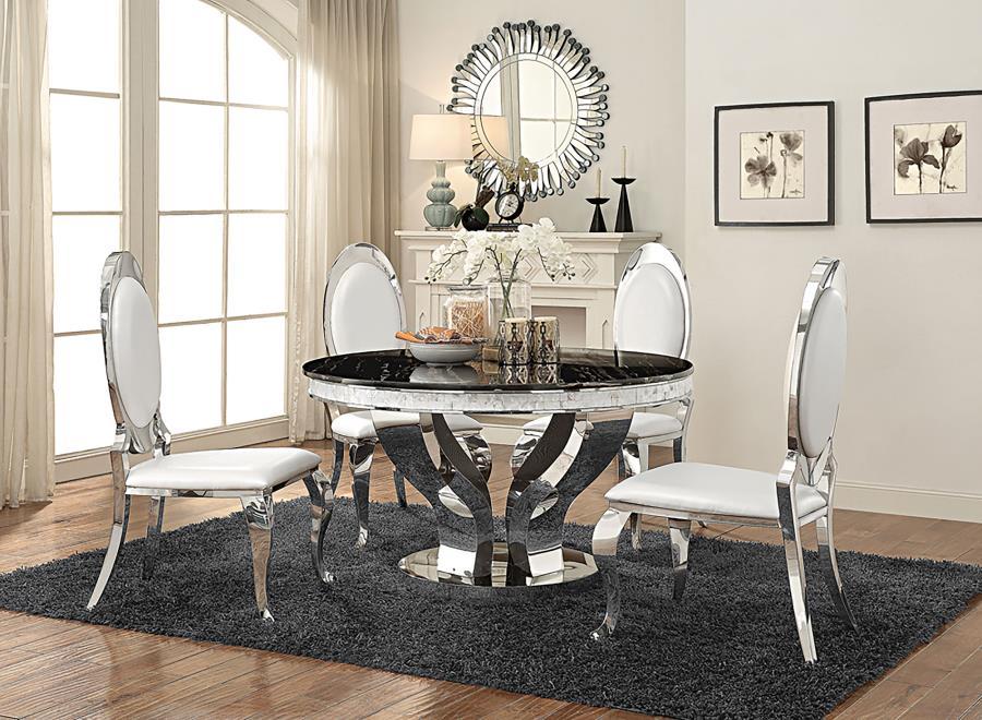 Anchorage 5-Piece Round Stainless Steel Dining Set – Black Marble Top, Chrome Base, Armless Leatherette Chairs, Modern Art Deco Style
