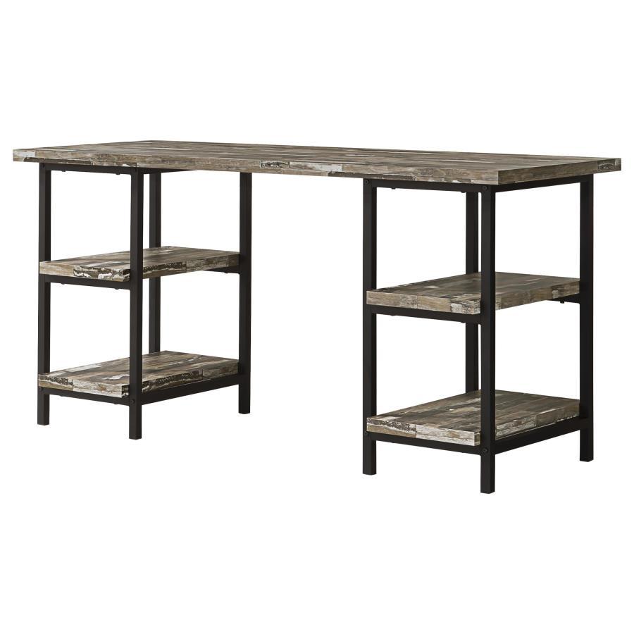Kemper 59" 4-Shelf Writing Desk in Weathered Brown with Black Metal Legs – Rustic Industrial Style Home Office or Study Desk with Open Storage