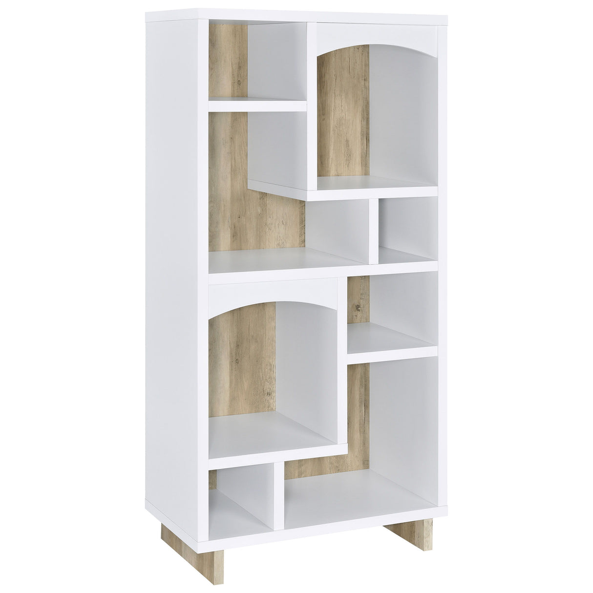 Dalton 6-Shelf Bookcase – White and Distressed Pine Asymmetric Decorative Bookshelf with Open Shelving, Arched Accents, and Stylish Storage for Home or Office